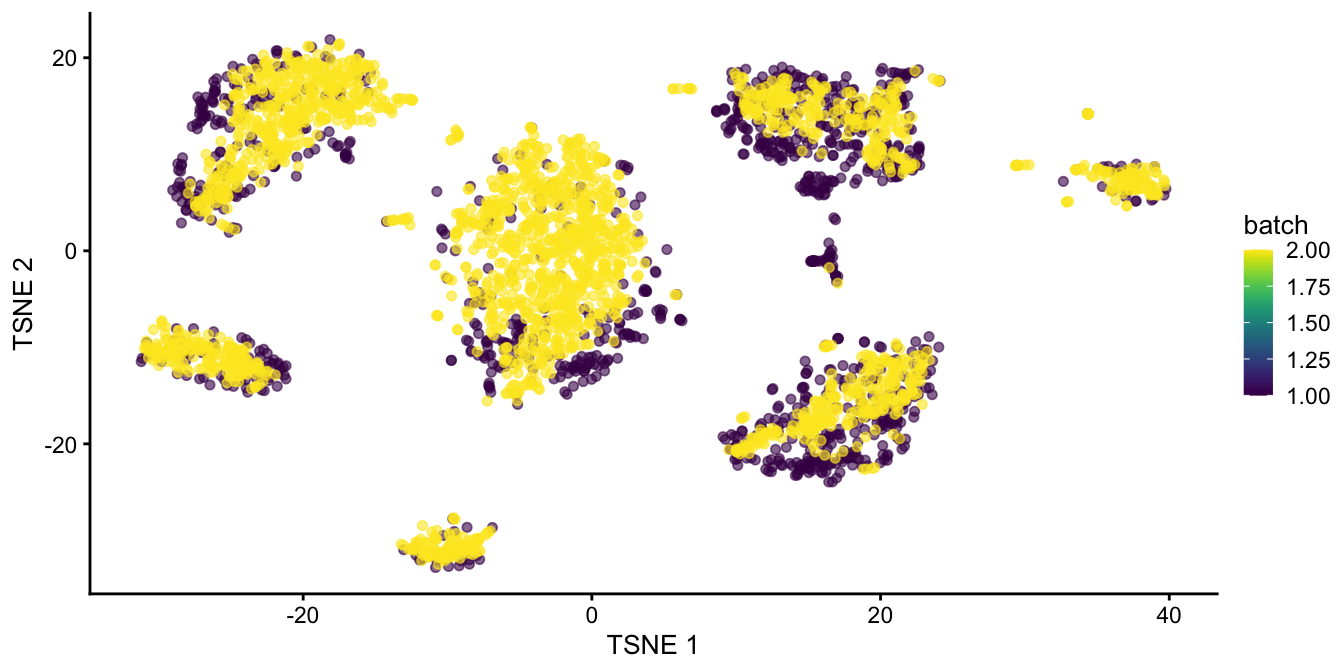 $t$-SNE plot of the two pancreas datasets after correction with `fastMNN()`. Each point represents a cell and is colored according to the batch of origin.