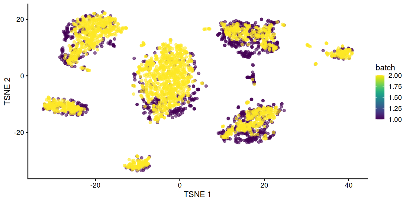 $t$-SNE plot of the two pancreas datasets after correction with `fastMNN()`. Each point represents a cell and is colored according to the batch of origin.