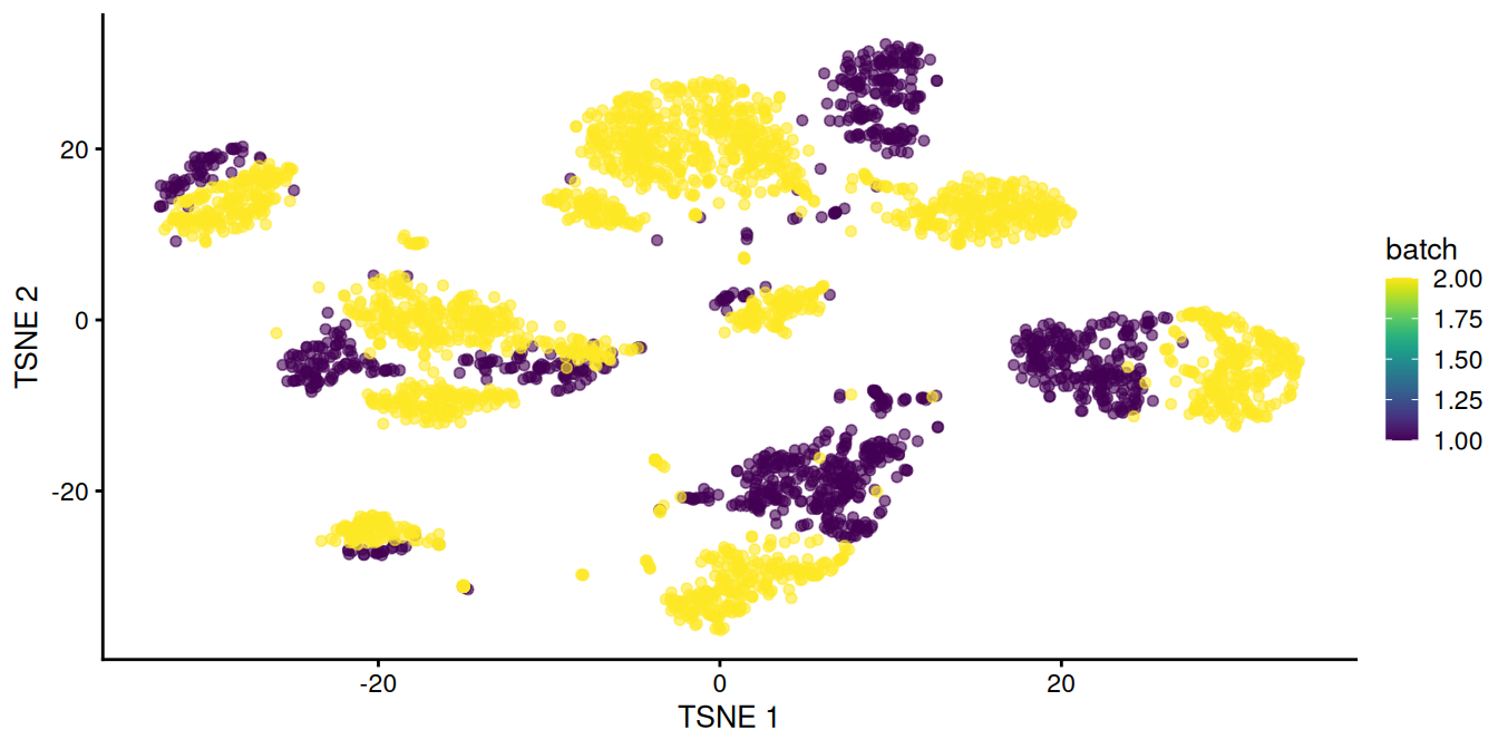 $t$-SNE plot of the two pancreas datasets after correction with `rescaleBatches()`. Each point represents a cell and is colored according to the batch of origin.